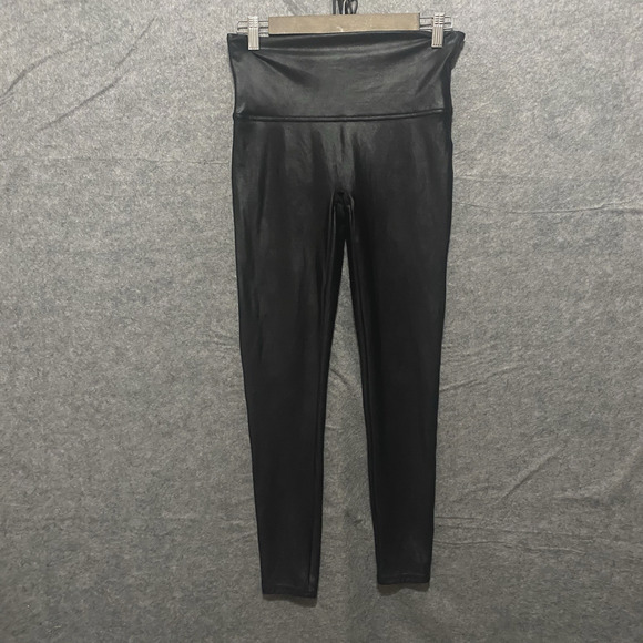 Spanx Faux Leather Leggings Pants Womens Sz LP Metallic Black Stretch‎ - Picture 1 of 8
